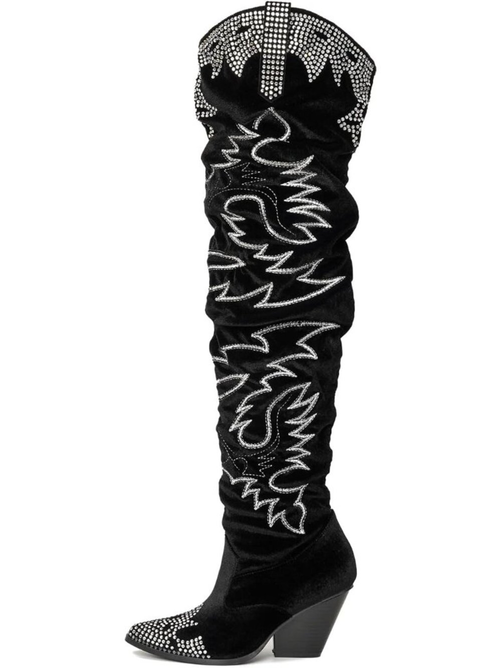 🆕 Women's Black Rhinestone Embroidered Cowboy Wide Calf Over The Knee Boots